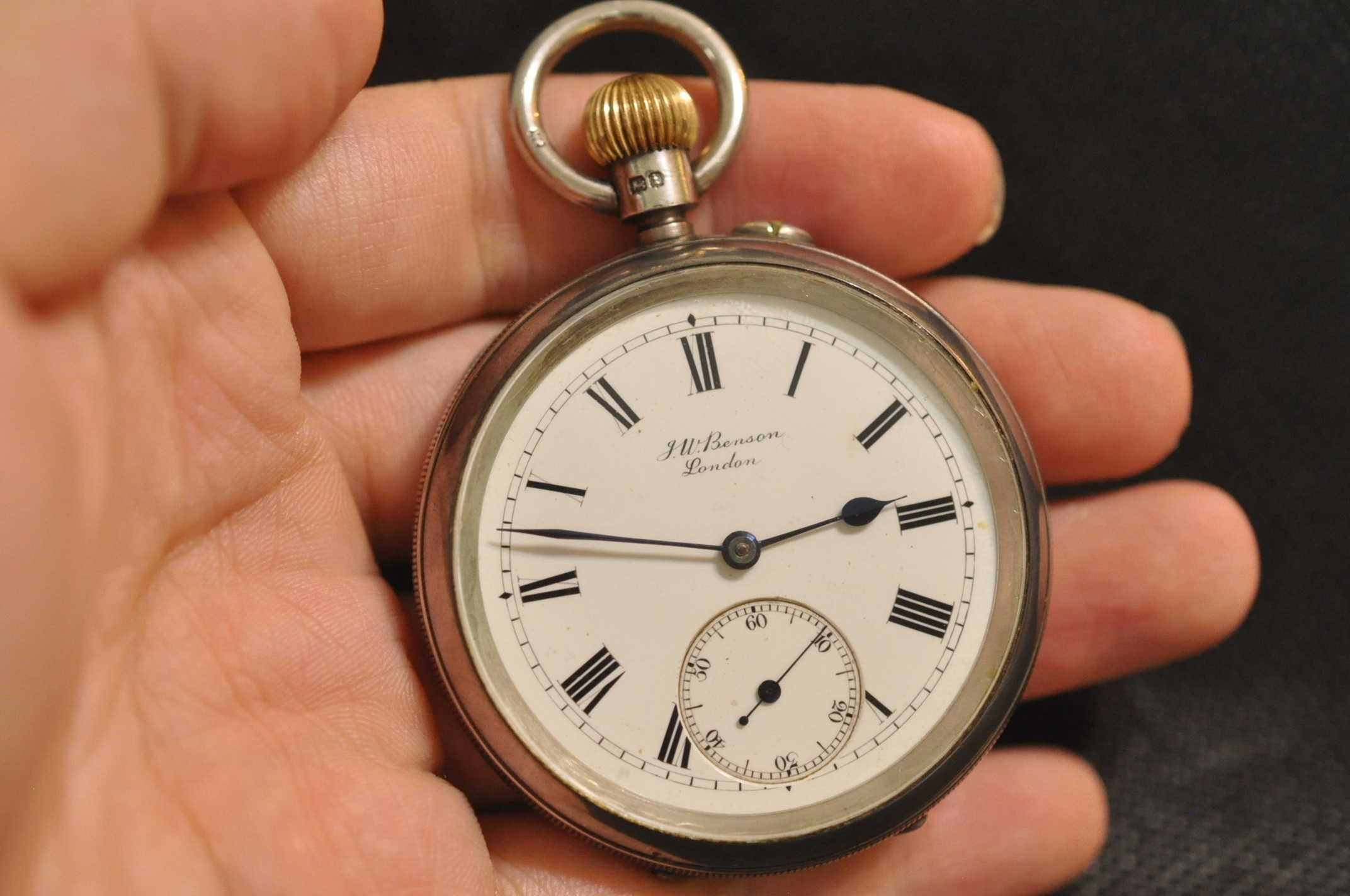 1901年 英国アンティーク ベンソン BANK 懐中時計 銀側オープンフェース 動作良好